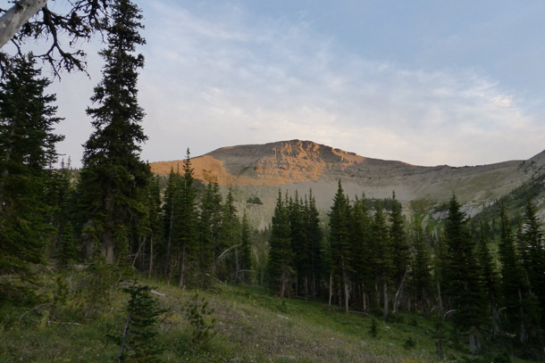 Sun hitting the mountain just before setting